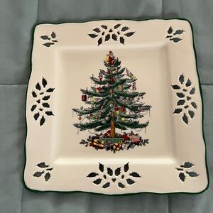 Spode Christmas Tree Square Cut Out  Plate AND Small Dish